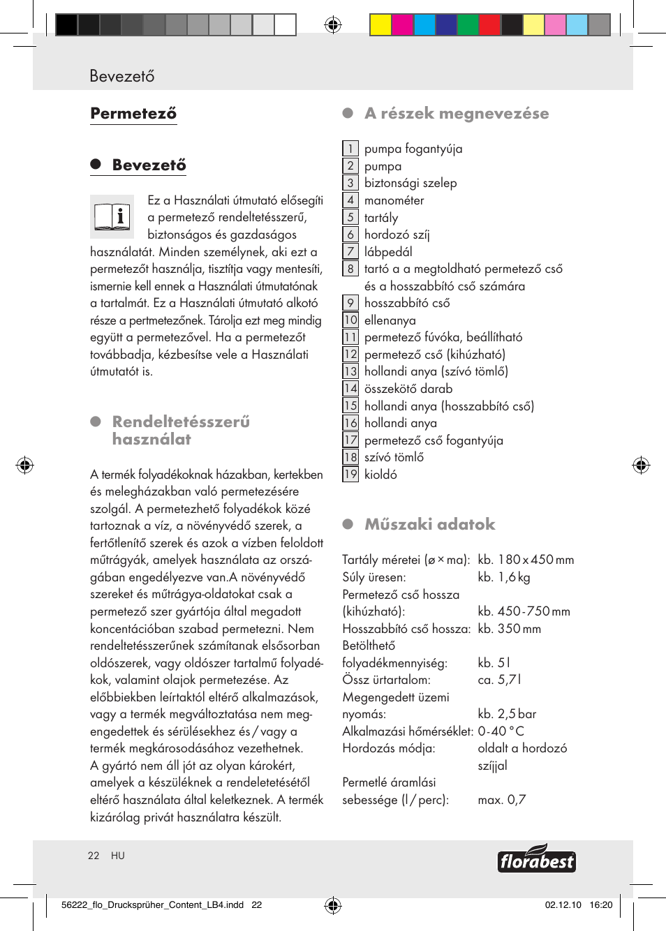 Bevezető / biztonsági tudnivalók, Bevezető, Permetező | Rendeltetésszerű használat, A részek megnevezése, Műszaki adatok | Florabest Z30597 User Manual | Page 20 / 53