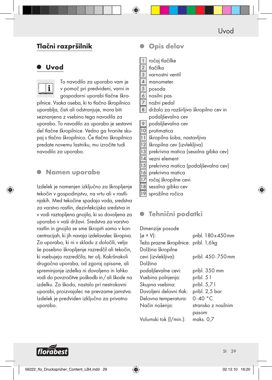 Uvod, Tlačni razpršilnik, Namen uporabe | Opis delov, Tehnični podatki | Florabest Z30597 User Manual | Page 27 / 53