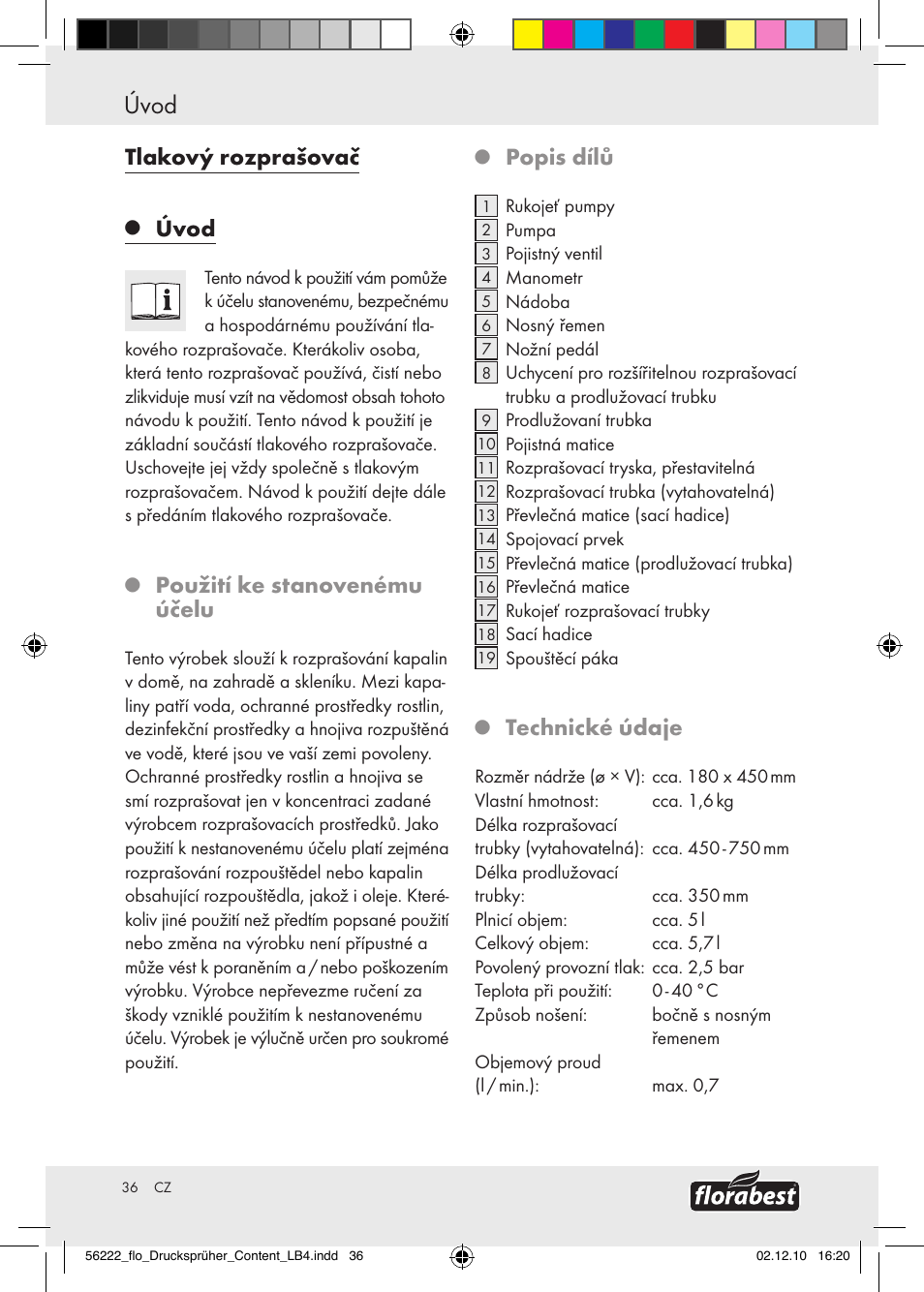 Úvod / bezpečnostní pokyny, Úvod, Tlakový rozprašovač | Použití ke stanovenému účelu, Popis dílů, Technické údaje | Florabest Z30597 User Manual | Page 34 / 53