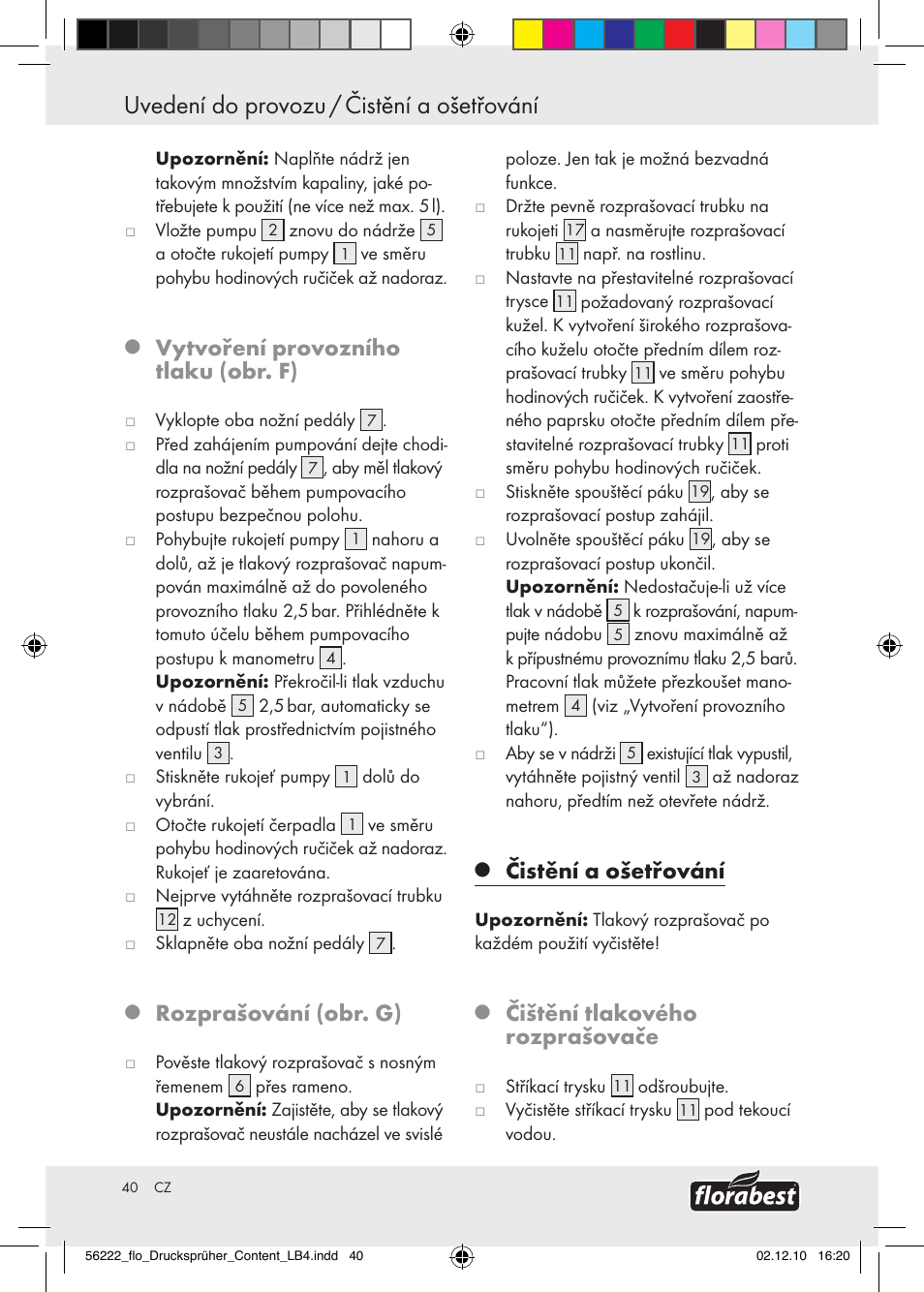 Vytvoření provozního tlaku (obr. f), Rozprašování (obr. g), Čistění a ošetřování | Čištění tlakového rozprašovače | Florabest Z30597 User Manual | Page 38 / 53