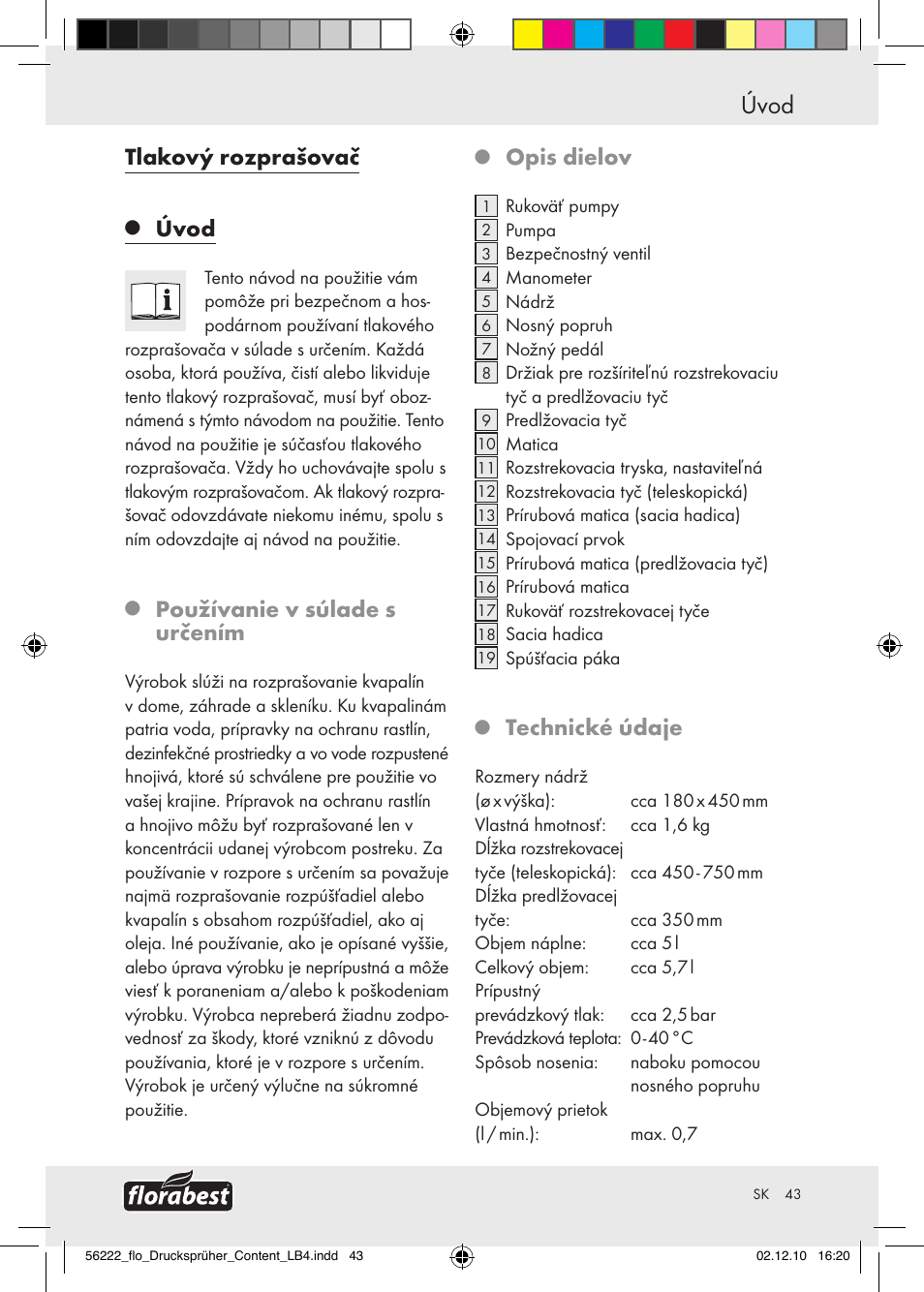 Úvod, Tlakový rozprašovač, Používanie v súlade s určením | Opis dielov, Technické údaje | Florabest Z30597 User Manual | Page 41 / 53