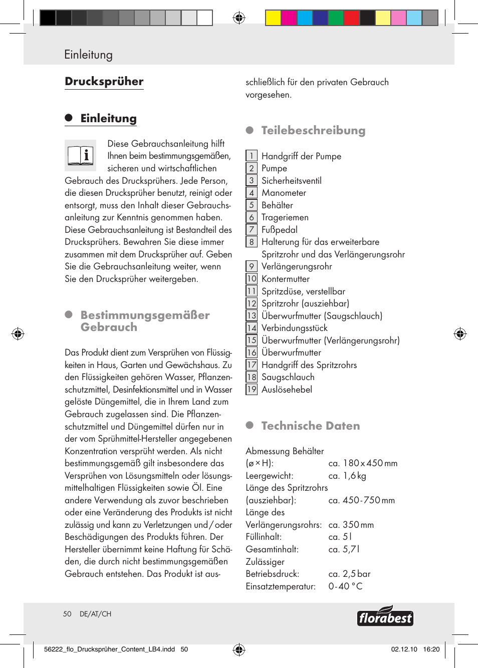 Einleitung, Einleitung / sicherheitshinweise, Drucksprüher | Bestimmungsgemäßer gebrauch, Teilebeschreibung, Technische daten | Florabest Z30597 User Manual | Page 48 / 53