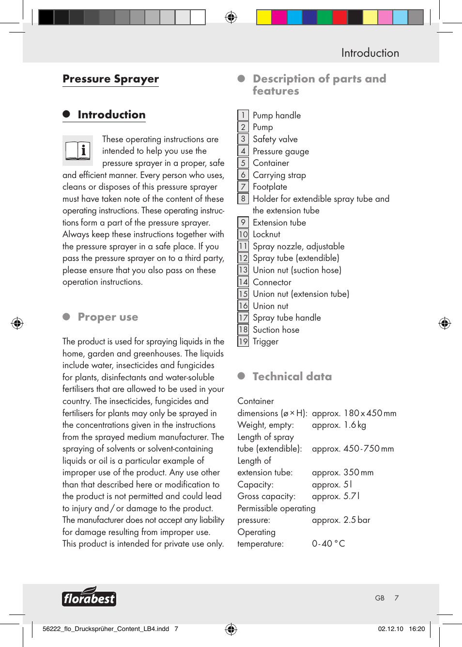 Pressure sprayer, Introduction, Proper use | Description of parts and features, Technical data | Florabest Z30597 User Manual | Page 5 / 53