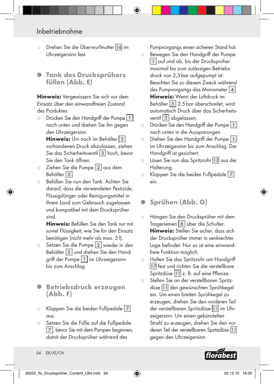 Inbetriebnahme, Inbetriebnahme / reinigung und pflege / entsorgung, Tank des drucksprühers füllen (abb. e) | Betriebsdruck erzeugen (abb. f), Sprühen (abb. g) | Florabest Z30597 User Manual | Page 52 / 53