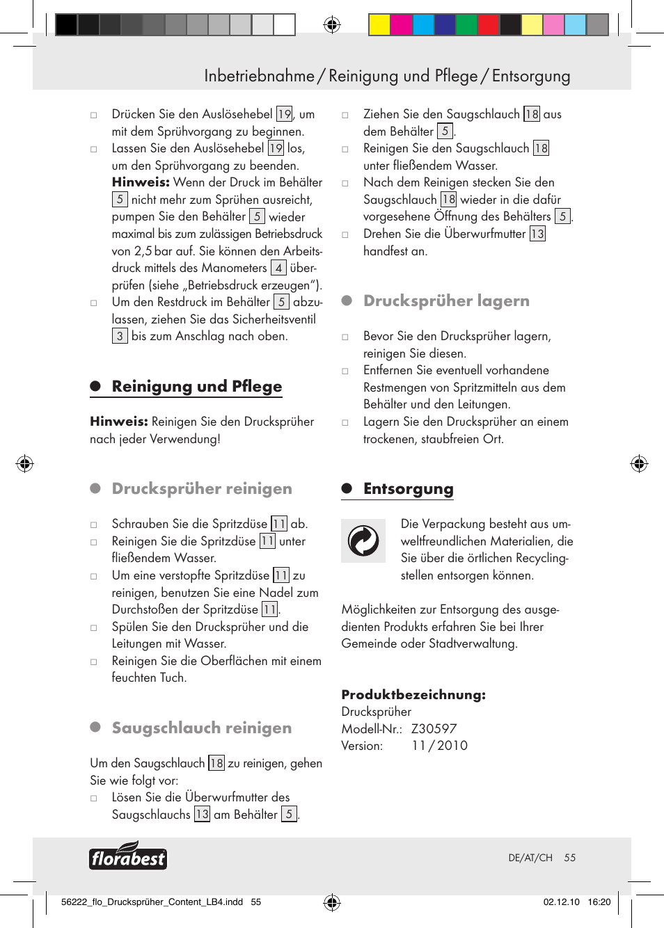 Inbetriebnahme / reinigung und pflege / entsorgung, Reinigung und pflege, Drucksprüher reinigen | Saugschlauch reinigen, Drucksprüher lagern, Entsorgung | Florabest Z30597 User Manual | Page 53 / 53