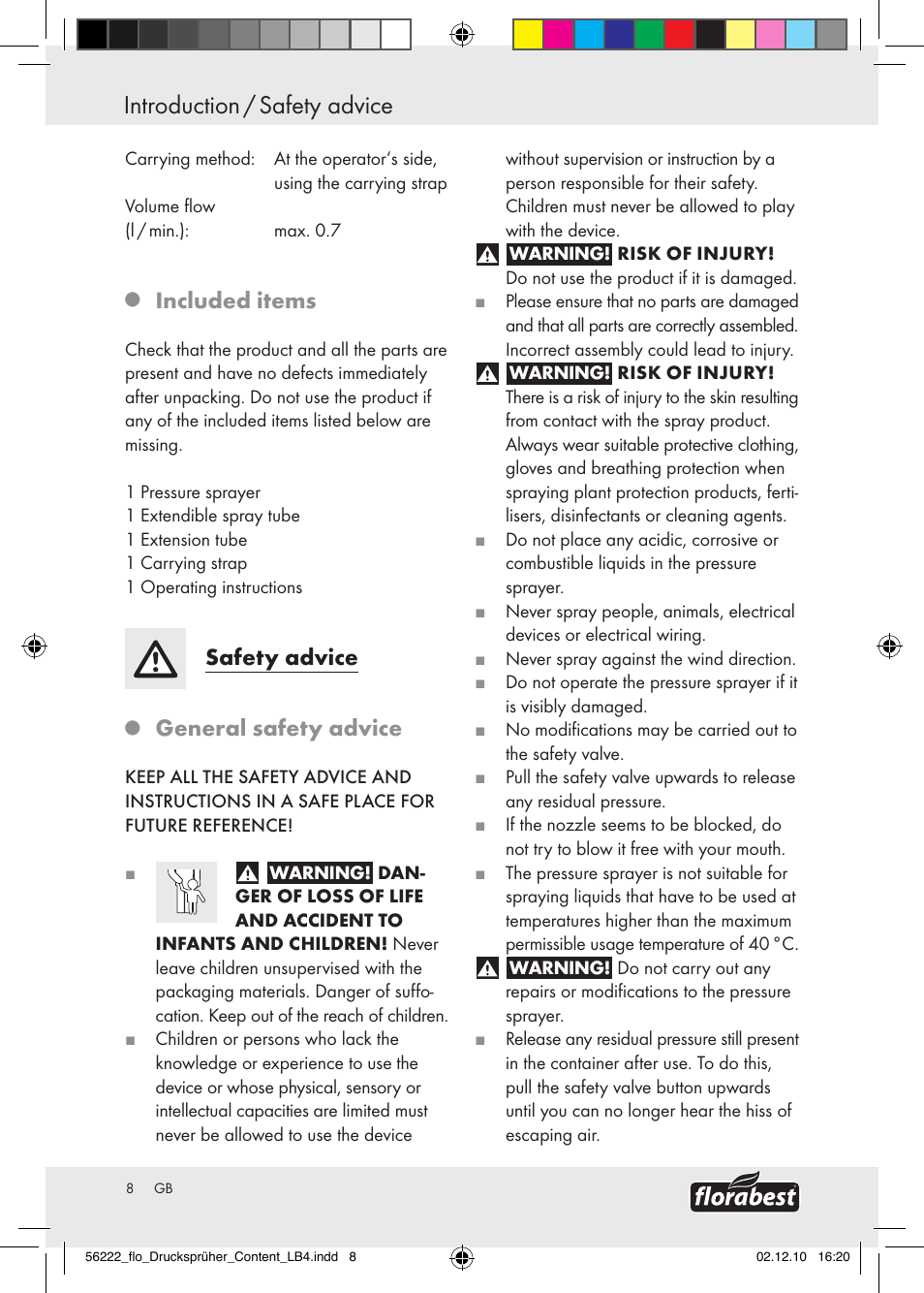Safety advice introduction / safety advice, Included items, Safety advice | General safety advice | Florabest Z30597 User Manual | Page 6 / 53