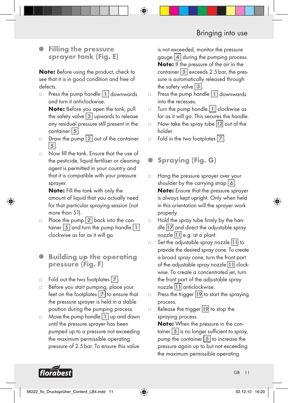 Bringing into use, Filling the pressure sprayer tank (fig. e), Building up the operating pressure (fig. f) | Spraying (fig. g) | Florabest Z30597 User Manual | Page 9 / 53