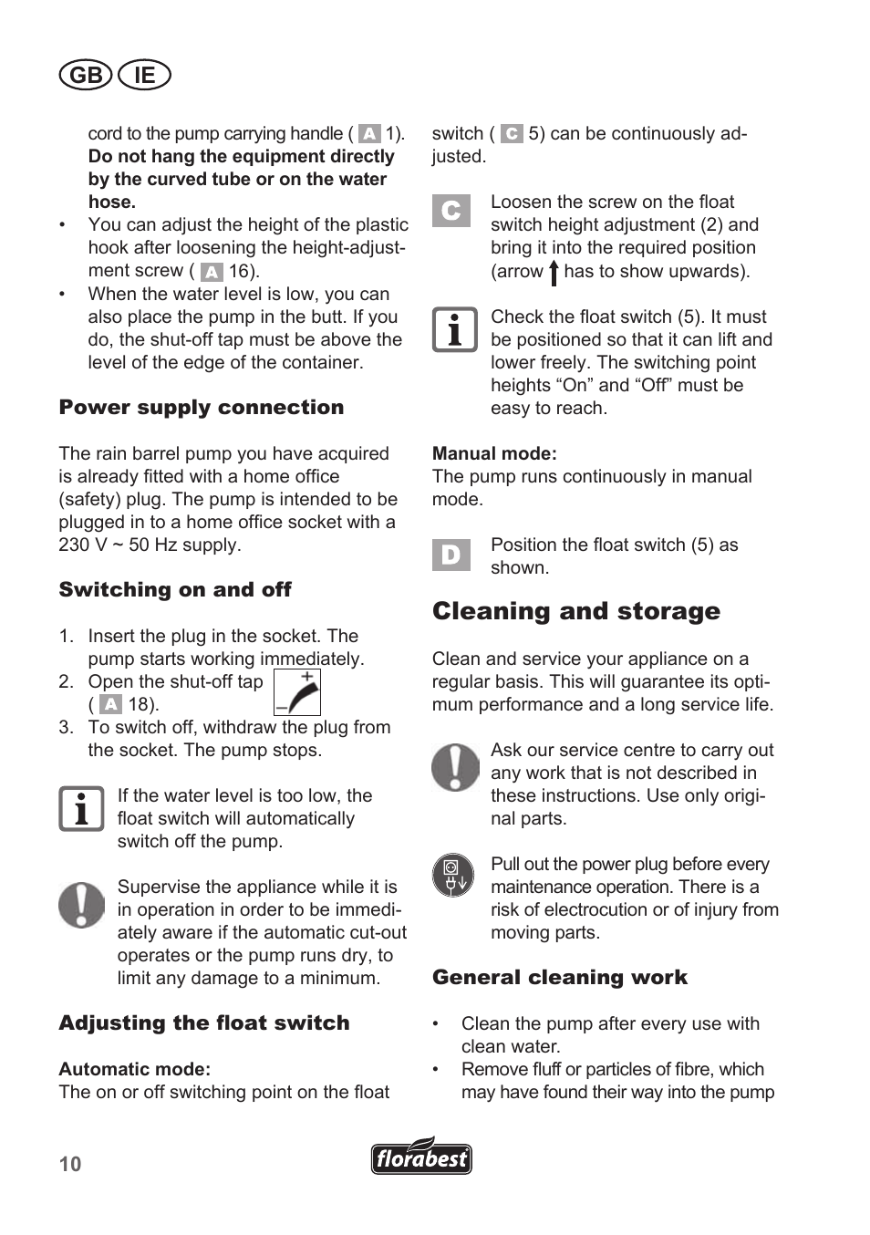 Cleaning and storage, Gb ie | Florabest FRP 350 B1 User Manual | Page 10 / 18