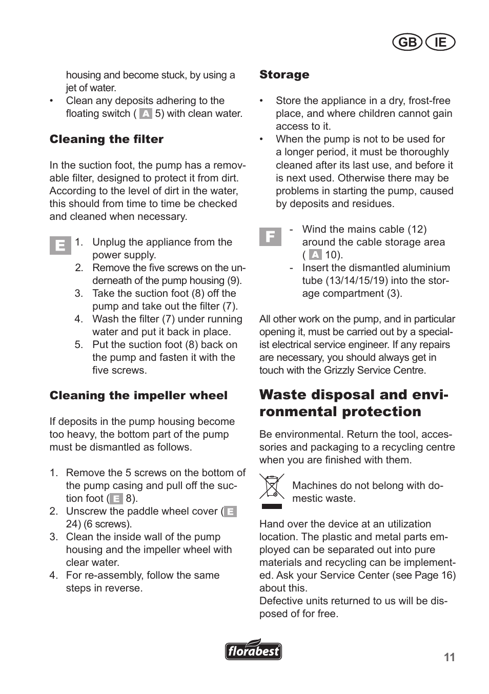 Waste disposal and envi- ronmental protection, Gb ie | Florabest FRP 350 B1 User Manual | Page 11 / 18