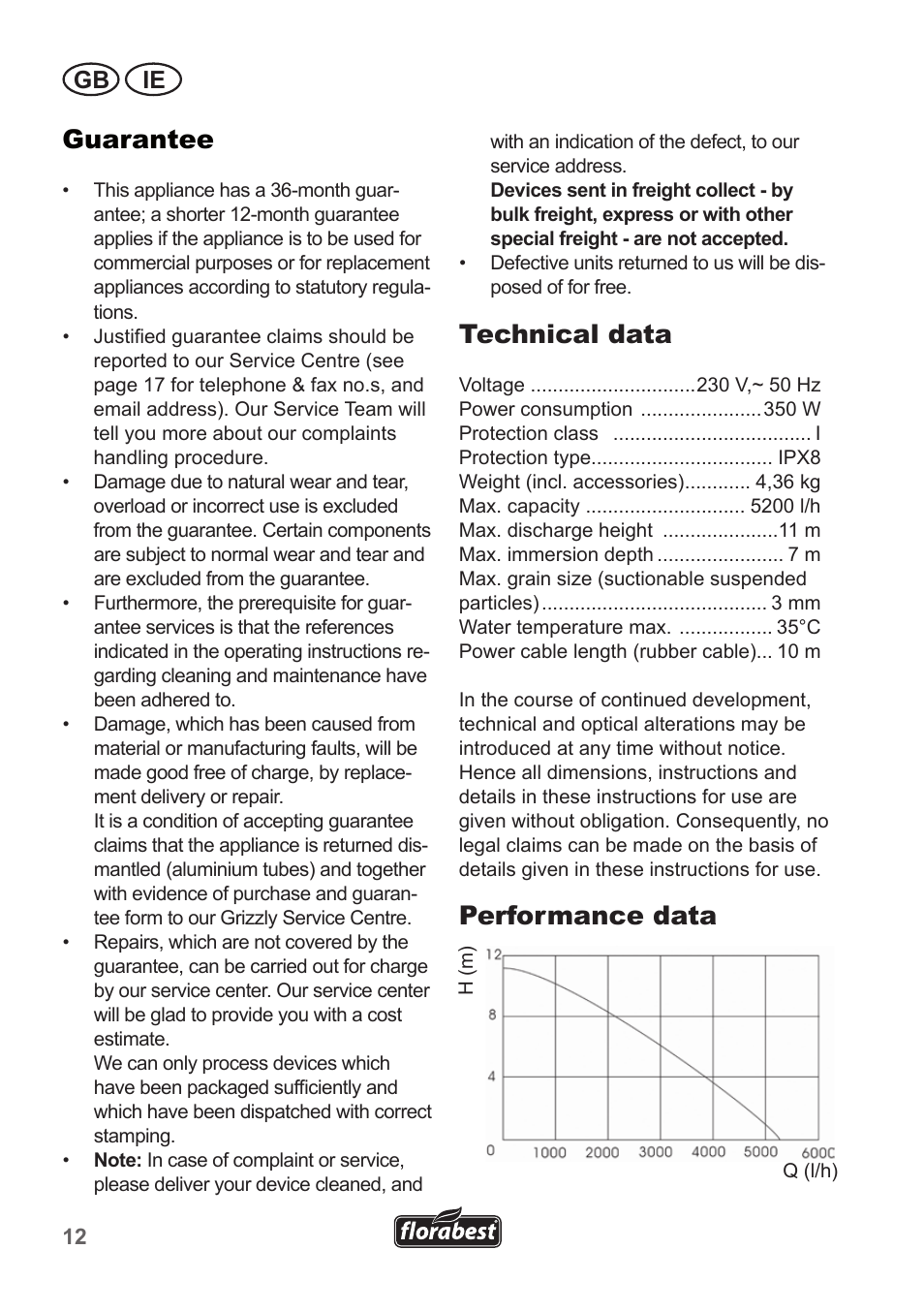 Guarantee, Technical data, Performance data | Gb ie | Florabest FRP 350 B1 User Manual | Page 12 / 18