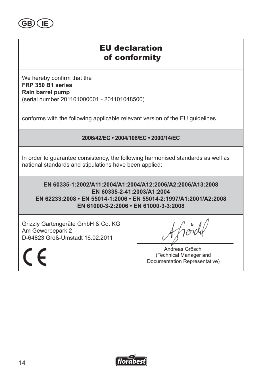 Eu declaration of conformity, Gb ie | Florabest FRP 350 B1 User Manual | Page 14 / 18