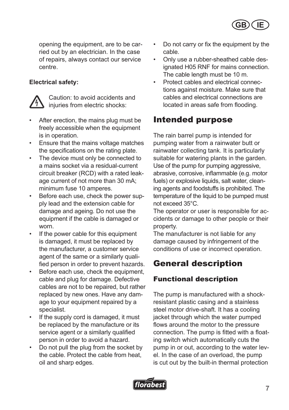 Intended purpose, General description, Gb ie | Florabest FRP 350 B1 User Manual | Page 7 / 18