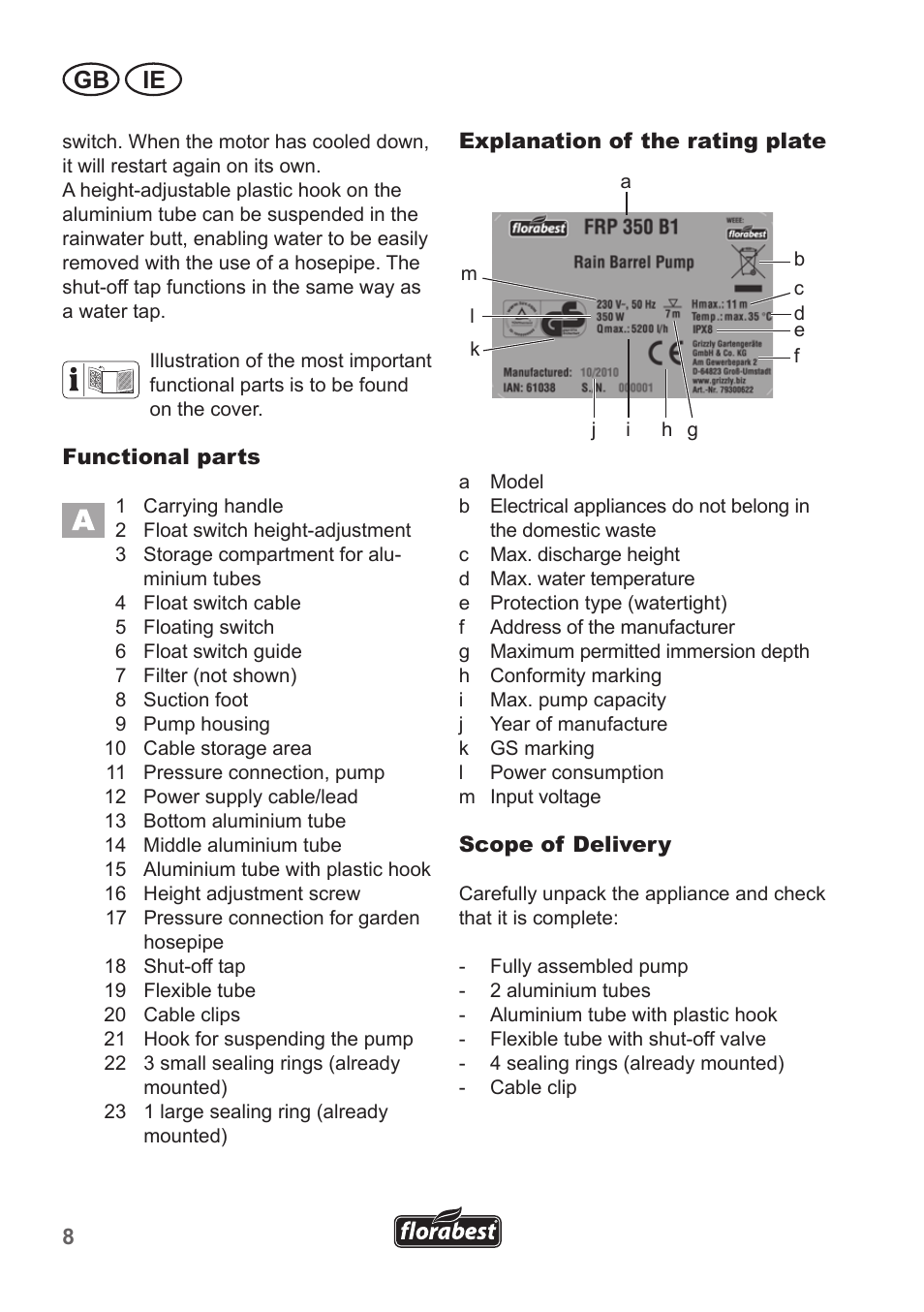 Gb ie | Florabest FRP 350 B1 User Manual | Page 8 / 18