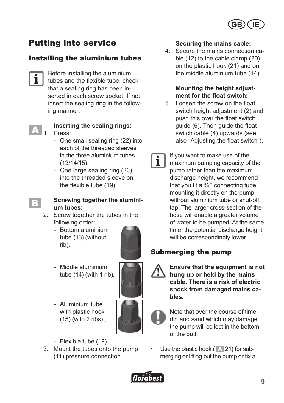 Putting into service, Gb ie | Florabest FRP 350 B1 User Manual | Page 9 / 18