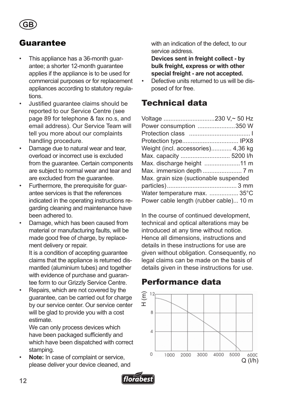 Guarantee, Technical data, Performance data | Florabest FRP 350 B1 User Manual | Page 12 / 90