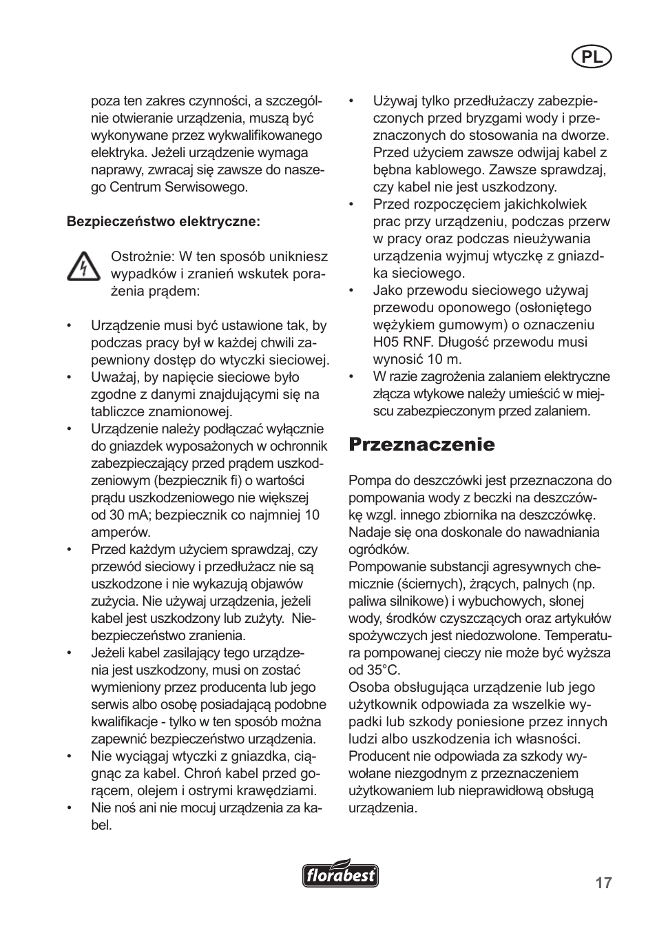 Przeznaczenie | Florabest FRP 350 B1 User Manual | Page 17 / 90