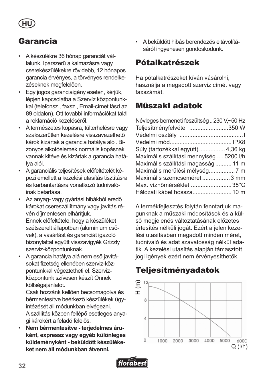 Pótalkatrészek, Műszaki adatok, Teljesítményadatok | Garancia | Florabest FRP 350 B1 User Manual | Page 32 / 90