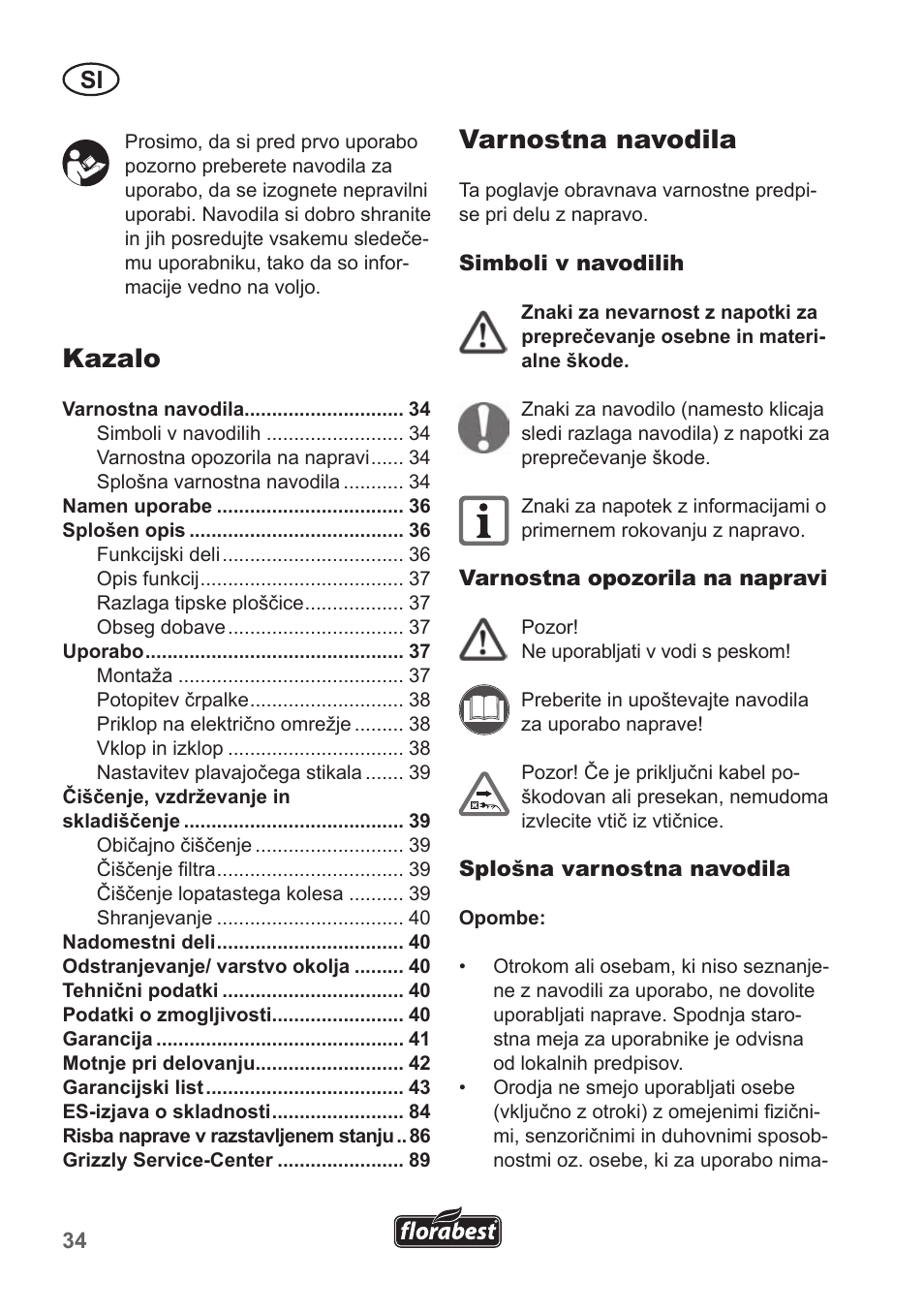 Varnostna navodila, Kazalo | Florabest FRP 350 B1 User Manual | Page 34 / 90