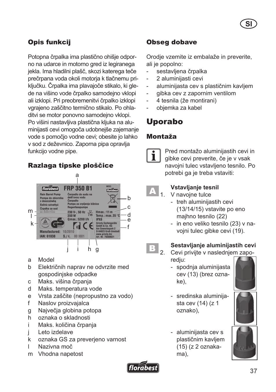 Uporabo | Florabest FRP 350 B1 User Manual | Page 37 / 90