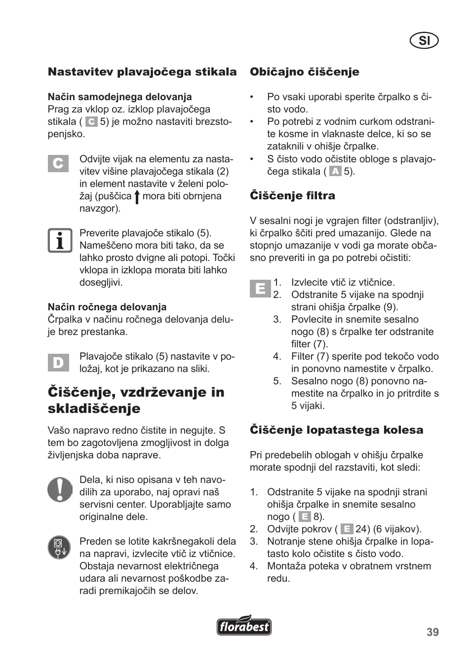 Čiščenje, vzdrževanje in skladiščenje | Florabest FRP 350 B1 User Manual | Page 39 / 90