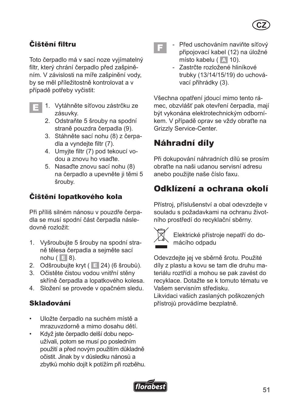 Náhradní díly, Odklízení a ochrana okolí | Florabest FRP 350 B1 User Manual | Page 51 / 90