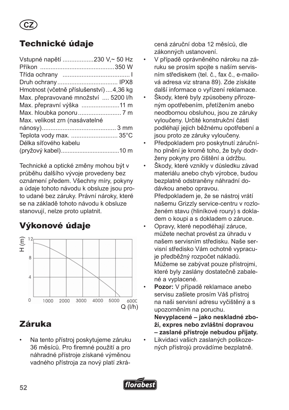 Technické údaje, Výkonové údaje, Záruka | Florabest FRP 350 B1 User Manual | Page 52 / 90
