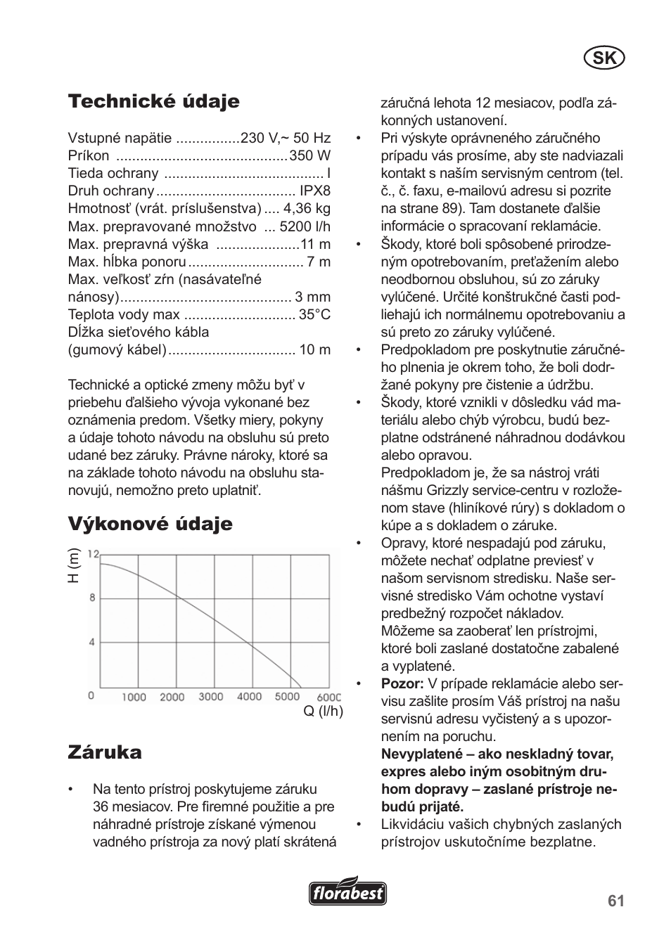 Technické údaje, Výkonové údaje, Záruka | Florabest FRP 350 B1 User Manual | Page 61 / 90