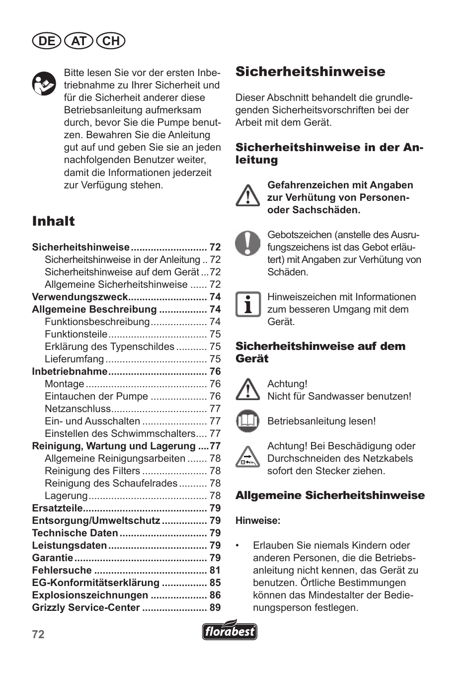 Sicherheitshinweise, Inhalt, De at ch | Florabest FRP 350 B1 User Manual | Page 72 / 90