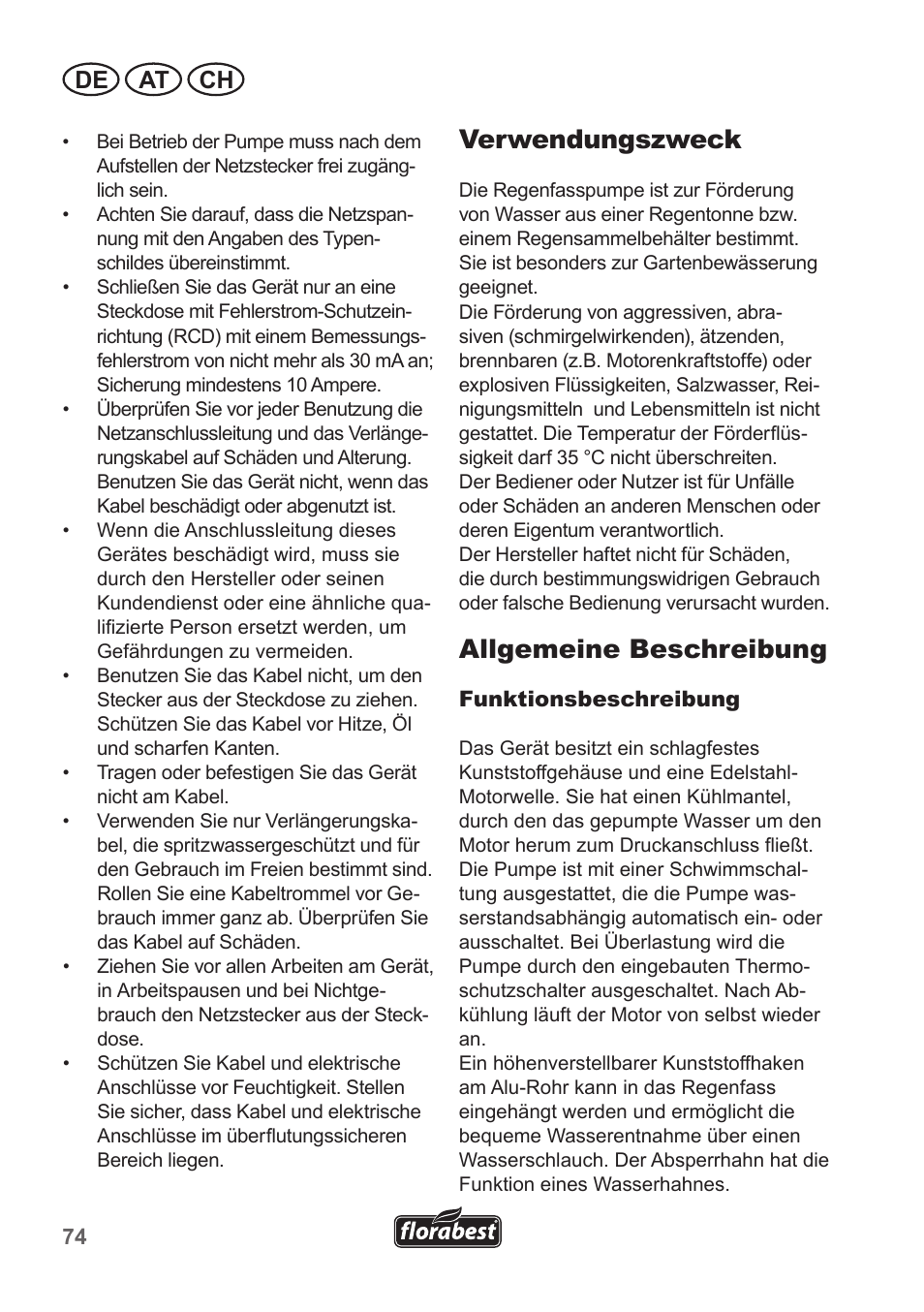 Verwendungszweck, Allgemeine beschreibung, De at ch | Florabest FRP 350 B1 User Manual | Page 74 / 90