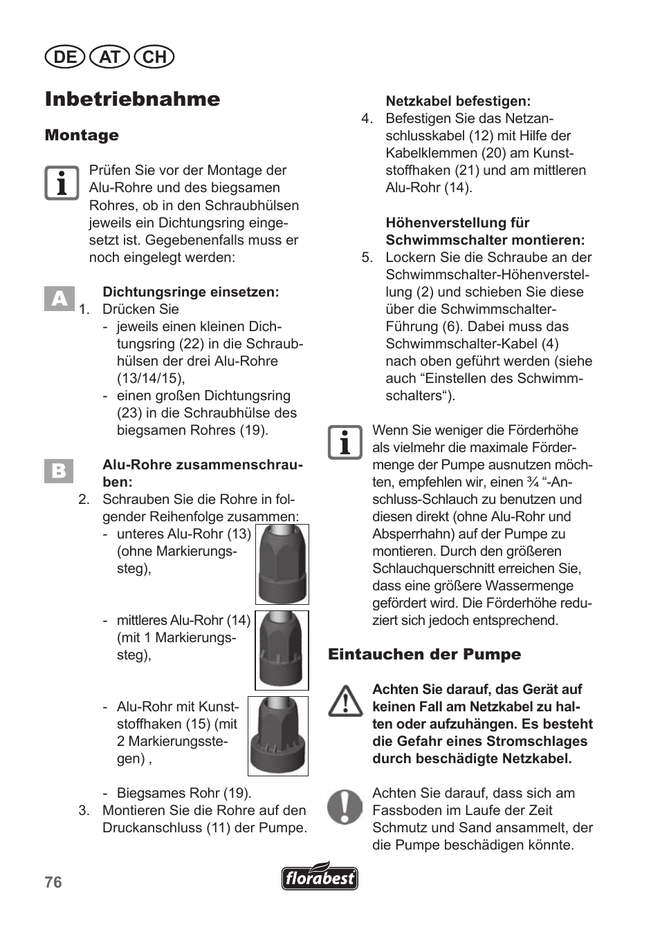 Inbetriebnahme, De at ch | Florabest FRP 350 B1 User Manual | Page 76 / 90