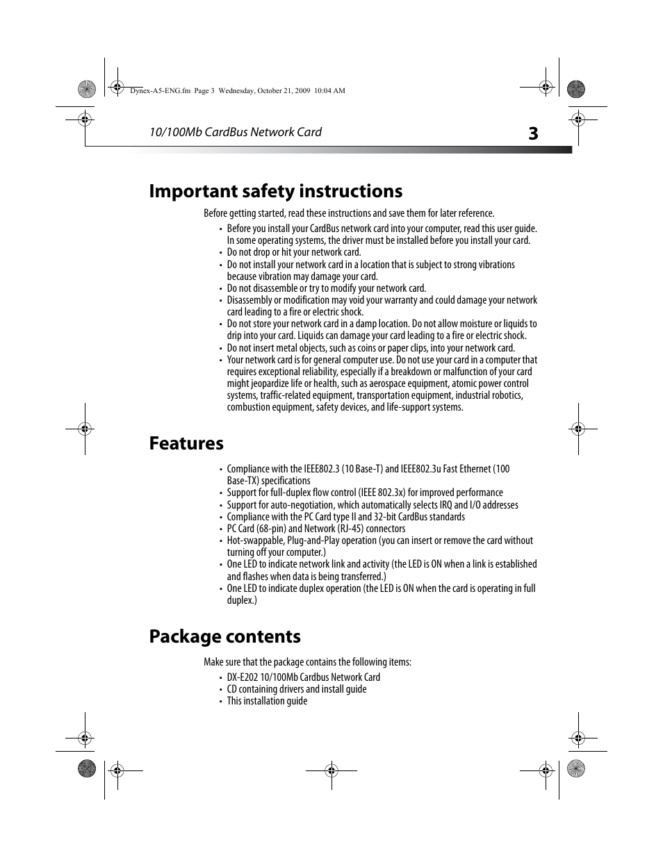 Important safety instructions, Features, Package contents | 3important safety instructions | Dynex DX-E202 User Manual | Page 3 / 12