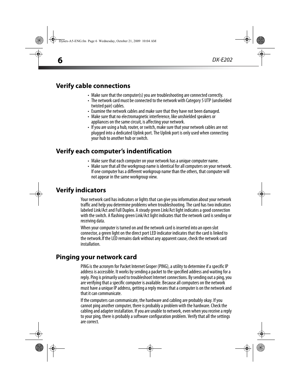 Verify cable connections, Verify each computer’s indentification, Verify indicators | Pinging your network card | Dynex DX-E202 User Manual | Page 6 / 12