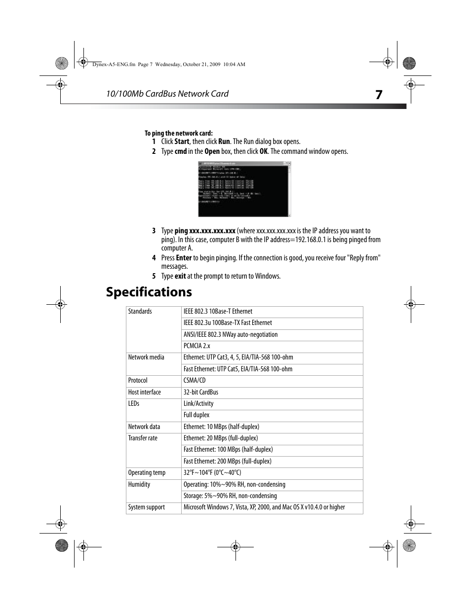 To ping the network card, Specifications | Dynex DX-E202 User Manual | Page 7 / 12