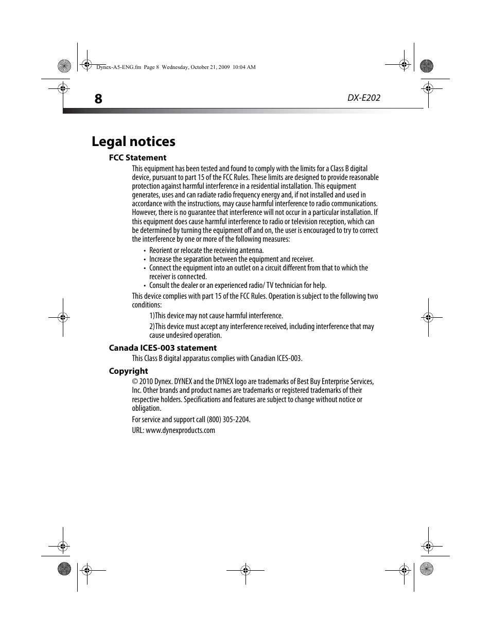 Legal notices, Fcc statement, Canada ices-003 statement | Copyright | Dynex DX-E202 User Manual | Page 8 / 12