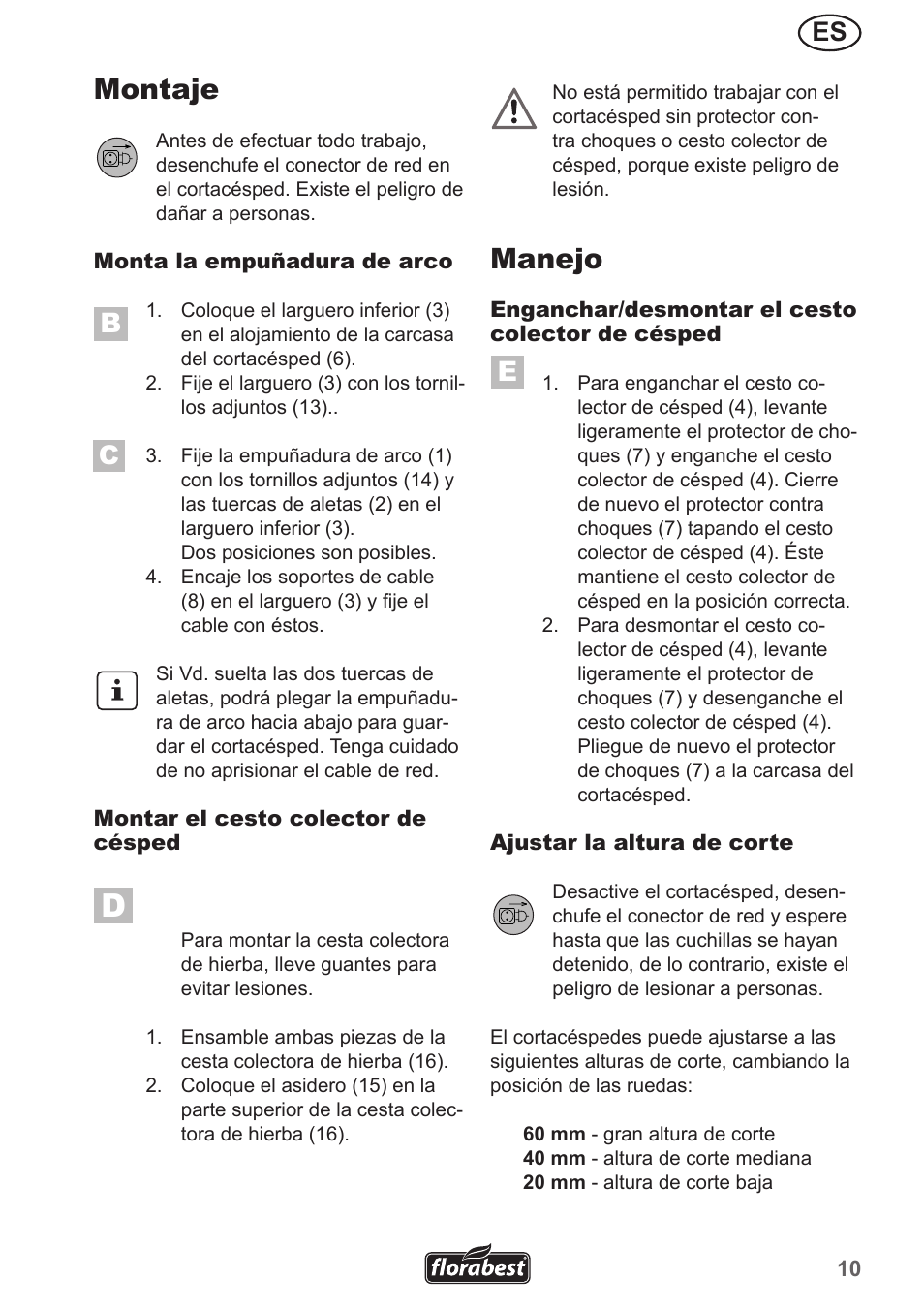 Montaje, Manejo | Florabest FRM 1200 A3 User Manual | Page 10 / 66