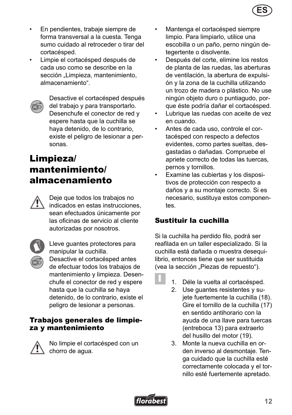 Limpieza/ mantenimiento/ almacenamiento | Florabest FRM 1200 A3 User Manual | Page 12 / 66