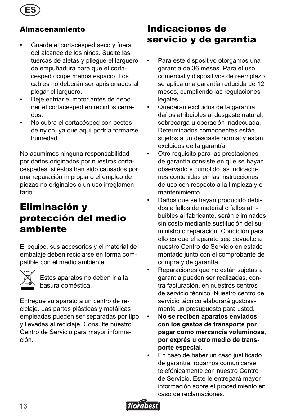 Eliminación y protección del medio ambiente, Indicaciones de servicio y de garantía | Florabest FRM 1200 A3 User Manual | Page 13 / 66