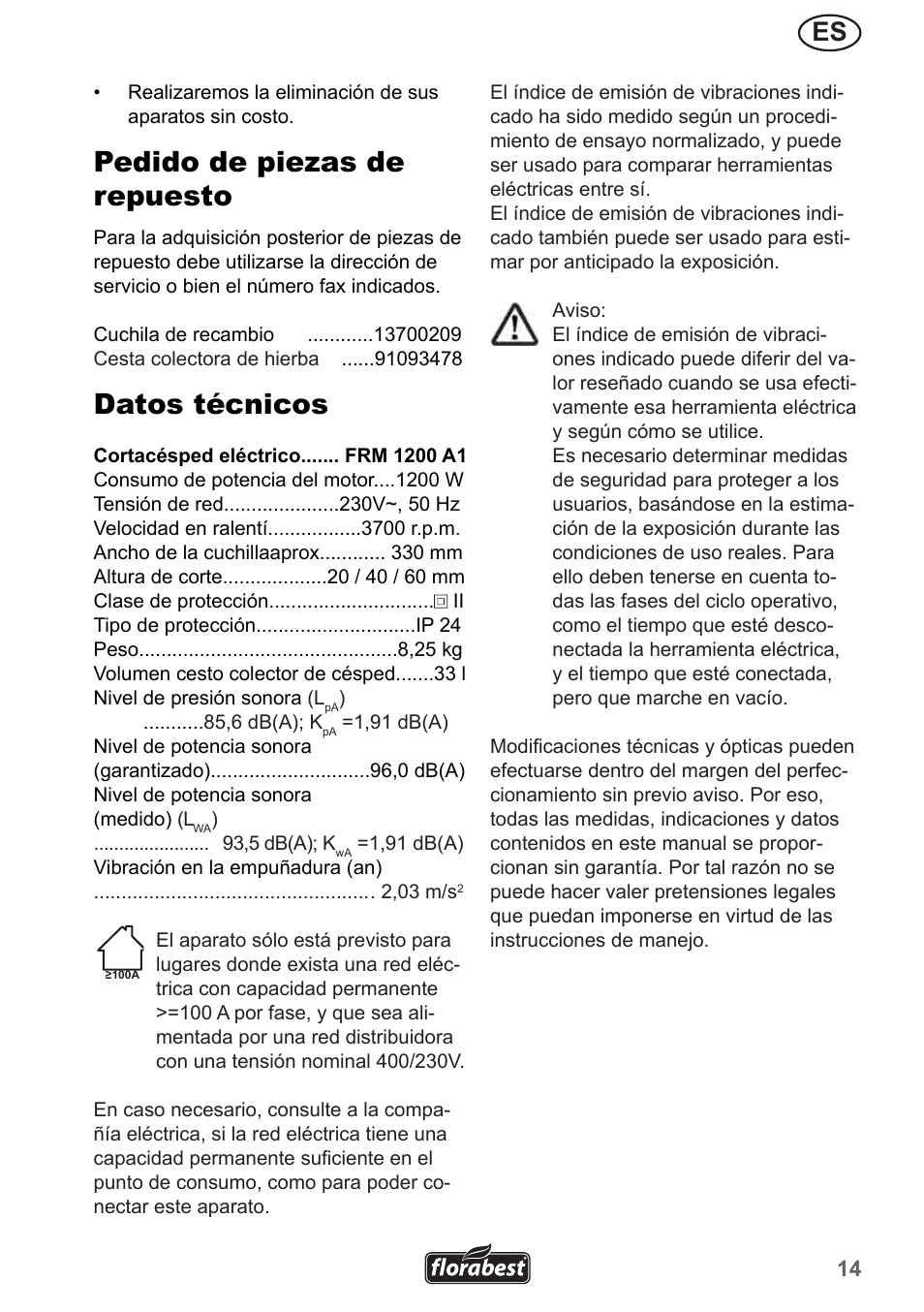 Pedido de piezas de repuesto, Datos técnicos | Florabest FRM 1200 A3 User Manual | Page 14 / 66