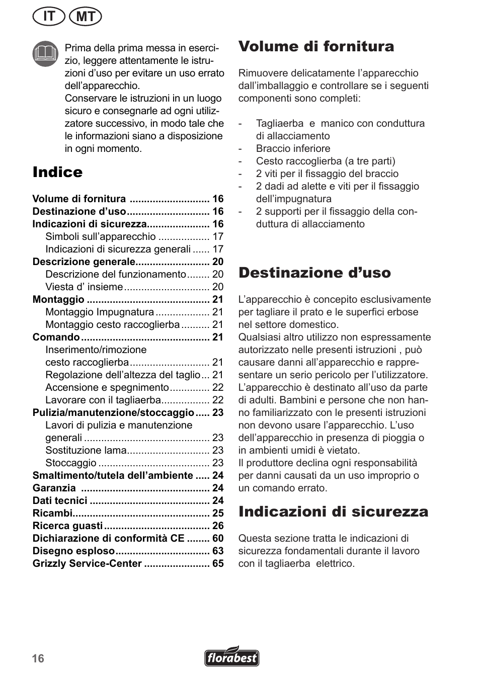 Indice, Volume di fornitura, Destinazione d’uso | Indicazioni di sicurezza, Mt it | Florabest FRM 1200 A3 User Manual | Page 16 / 66