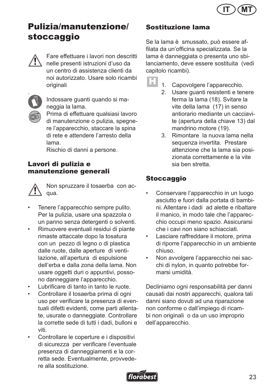 Pulizia/manutenzione/ stoccaggio, Mt it | Florabest FRM 1200 A3 User Manual | Page 23 / 66