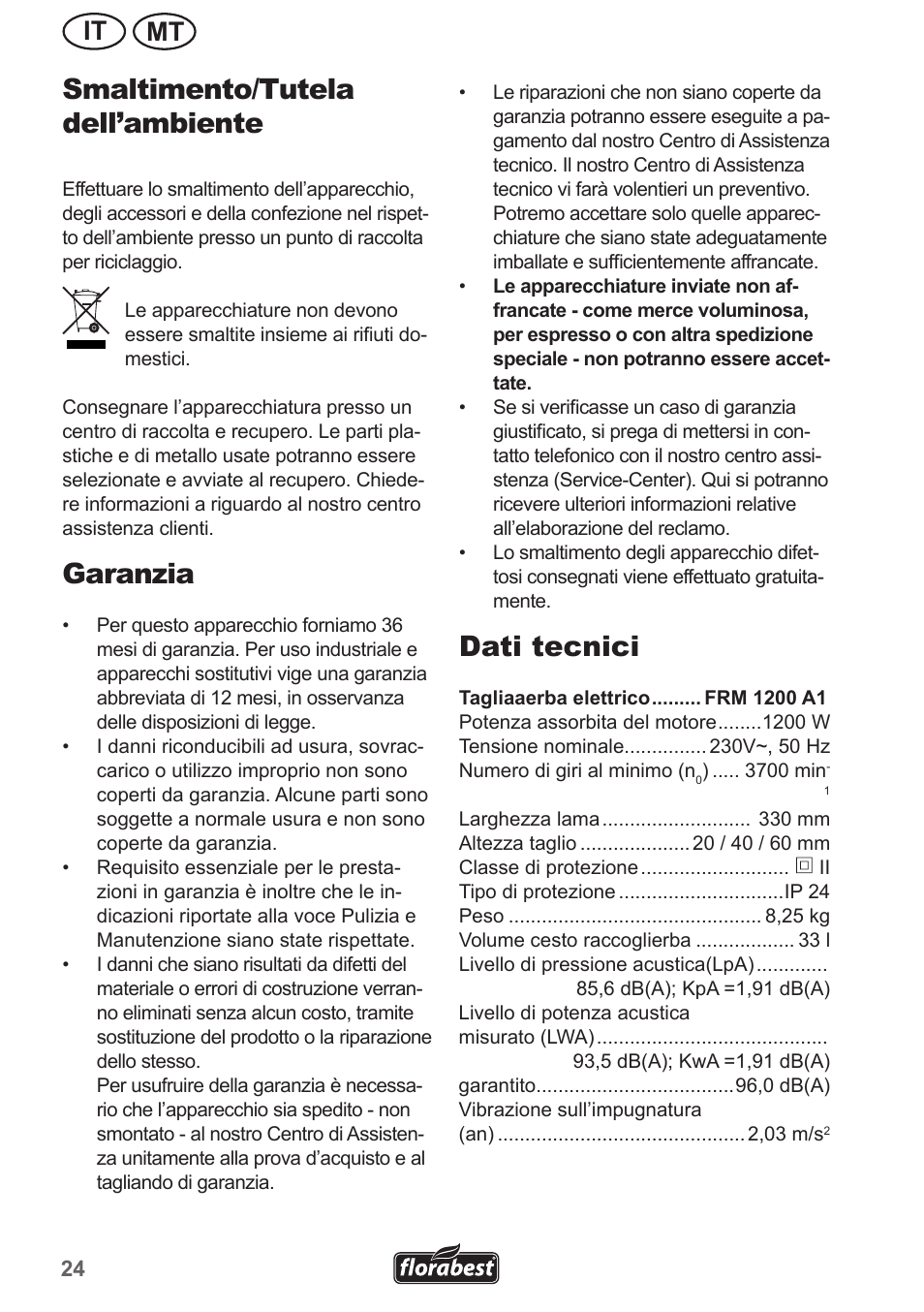 Smaltimento/tutela dell’ambiente, Garanzia, Dati tecnici | Mt it | Florabest FRM 1200 A3 User Manual | Page 24 / 66