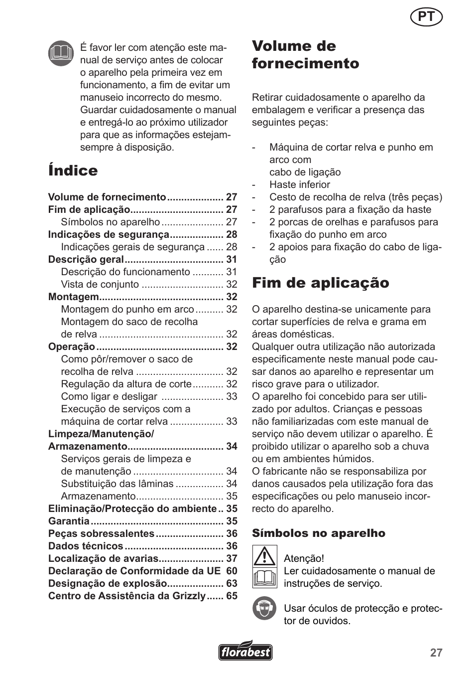 Índice, Volume de fornecimento, Fim de aplicação | Florabest FRM 1200 A3 User Manual | Page 27 / 66