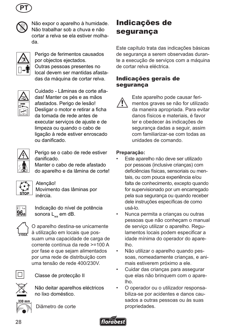 Indicações de segurança | Florabest FRM 1200 A3 User Manual | Page 28 / 66