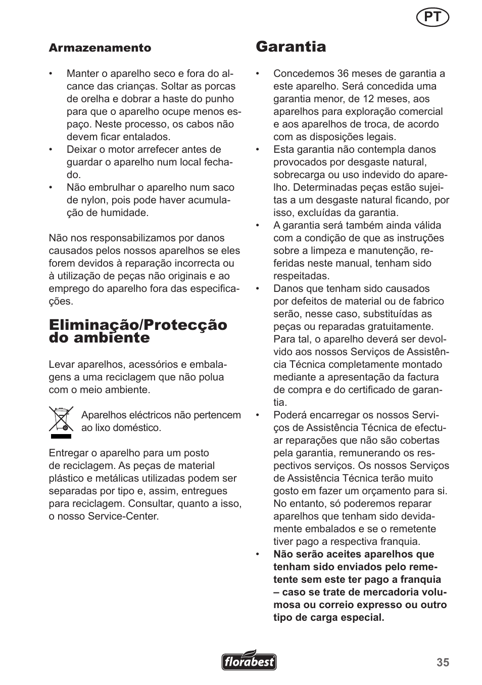 Garantia, Eliminação/protecção do ambiente | Florabest FRM 1200 A3 User Manual | Page 35 / 66