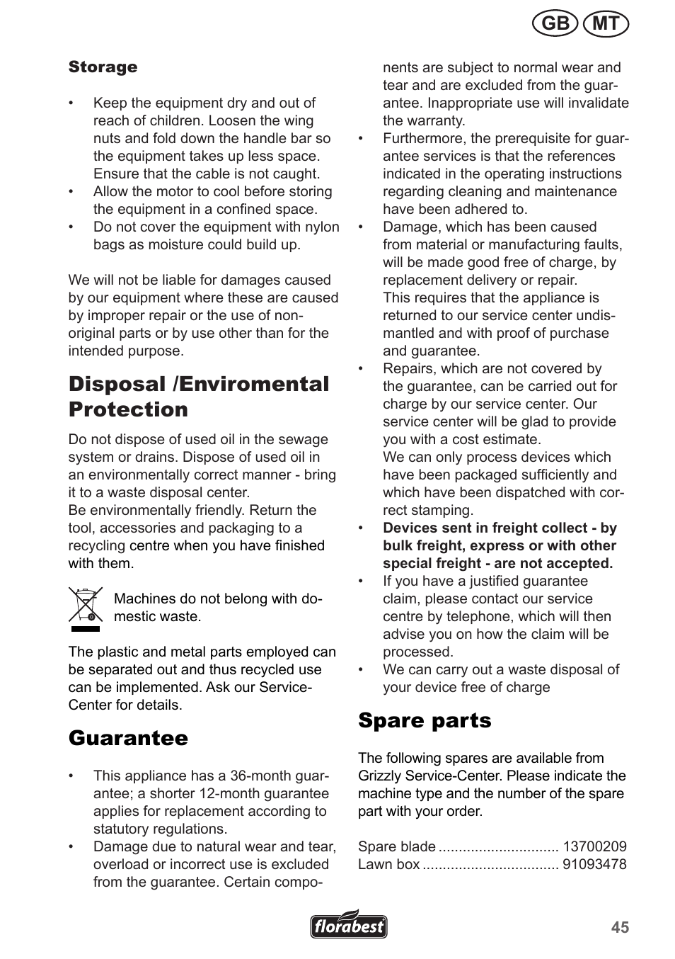 Disposal /enviromental protection, Guarantee, Spare parts | Mt gb | Florabest FRM 1200 A3 User Manual | Page 45 / 66