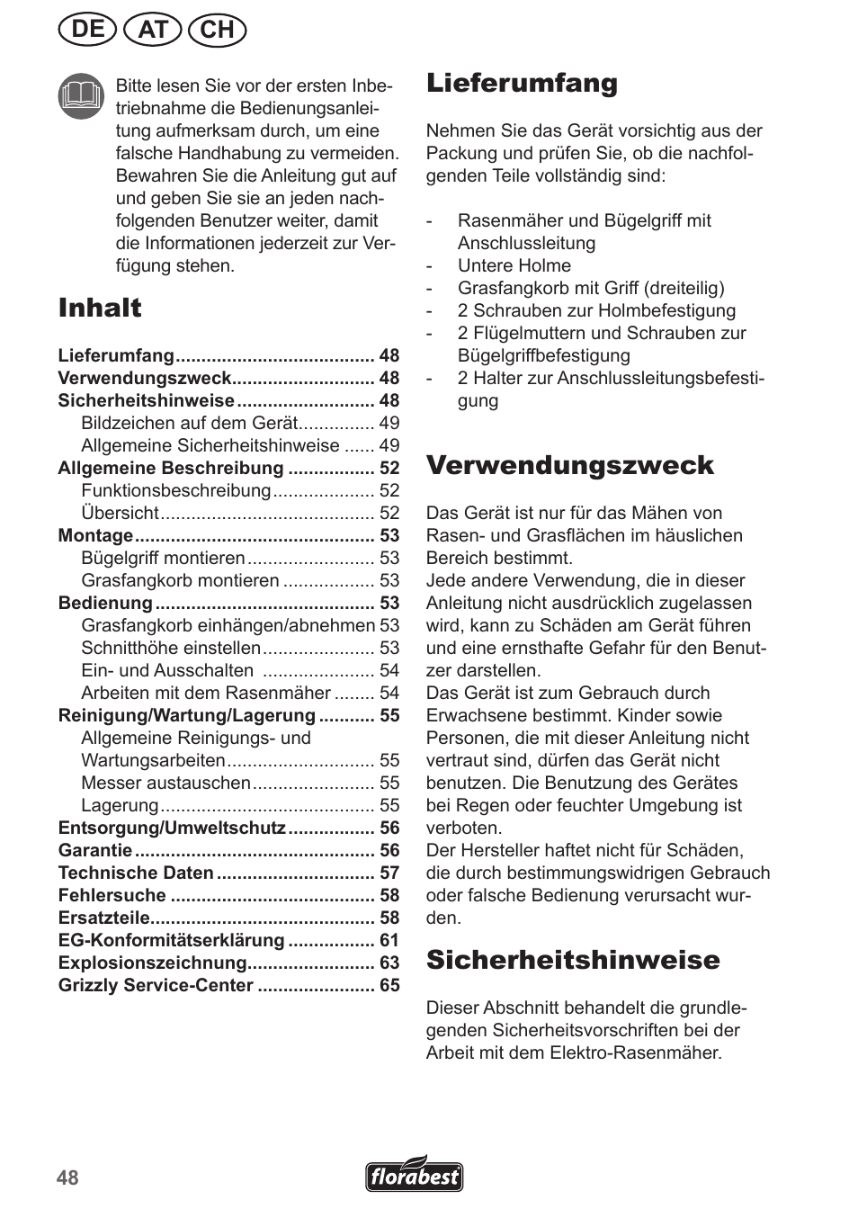 Inhalt, Lieferumfang, Verwendungszweck | Sicherheitshinweise, Ch at de | Florabest FRM 1200 A3 User Manual | Page 48 / 66