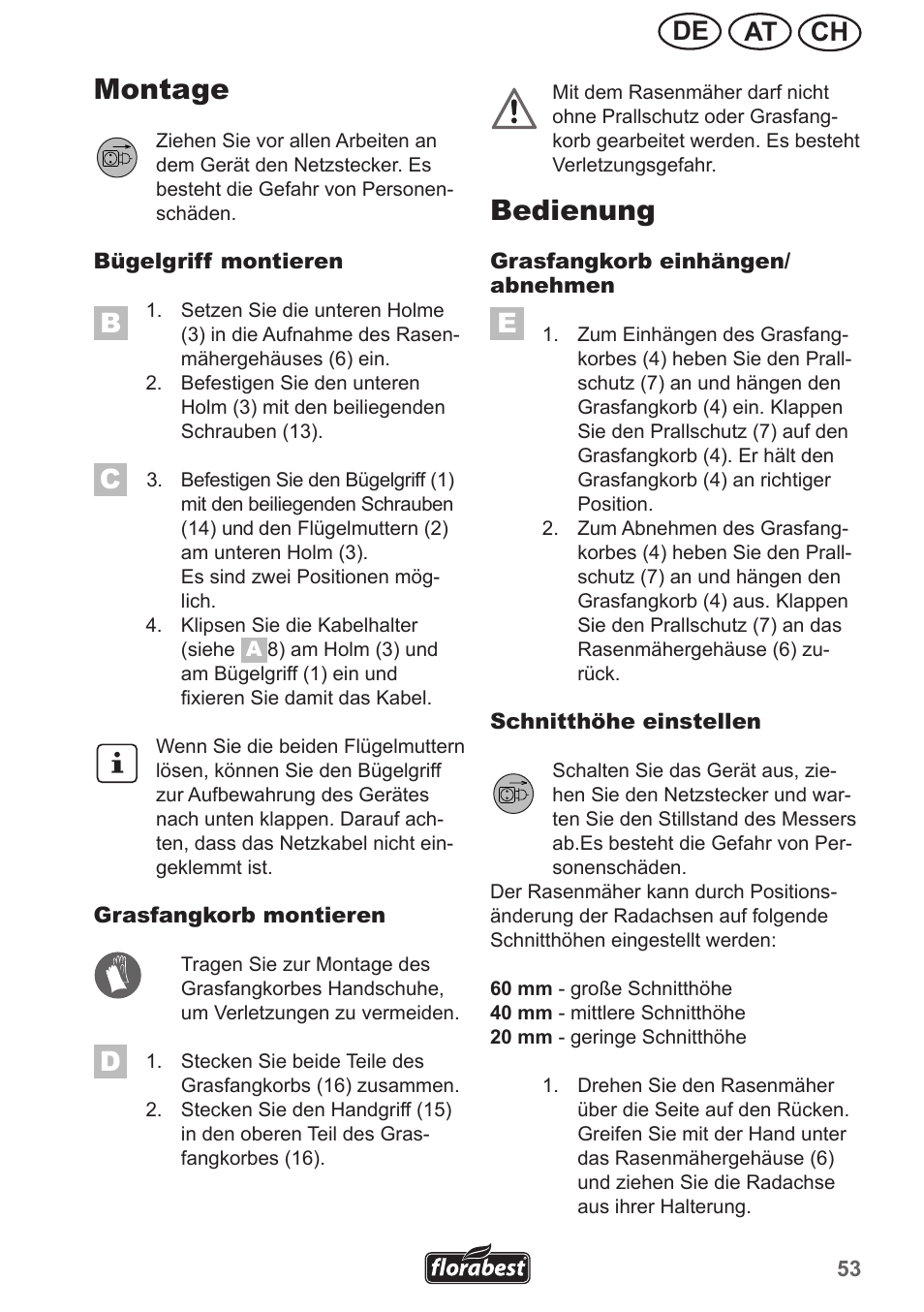 Montage, Bedienung, Ch at de | Florabest FRM 1200 A3 User Manual | Page 53 / 66