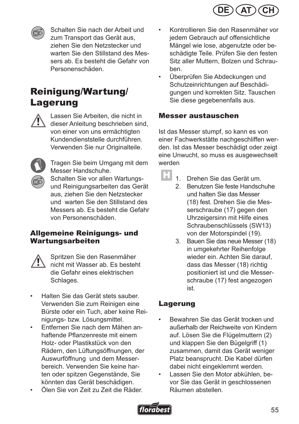 Reinigung/wartung/ lagerung, Ch at de | Florabest FRM 1200 A3 User Manual | Page 55 / 66