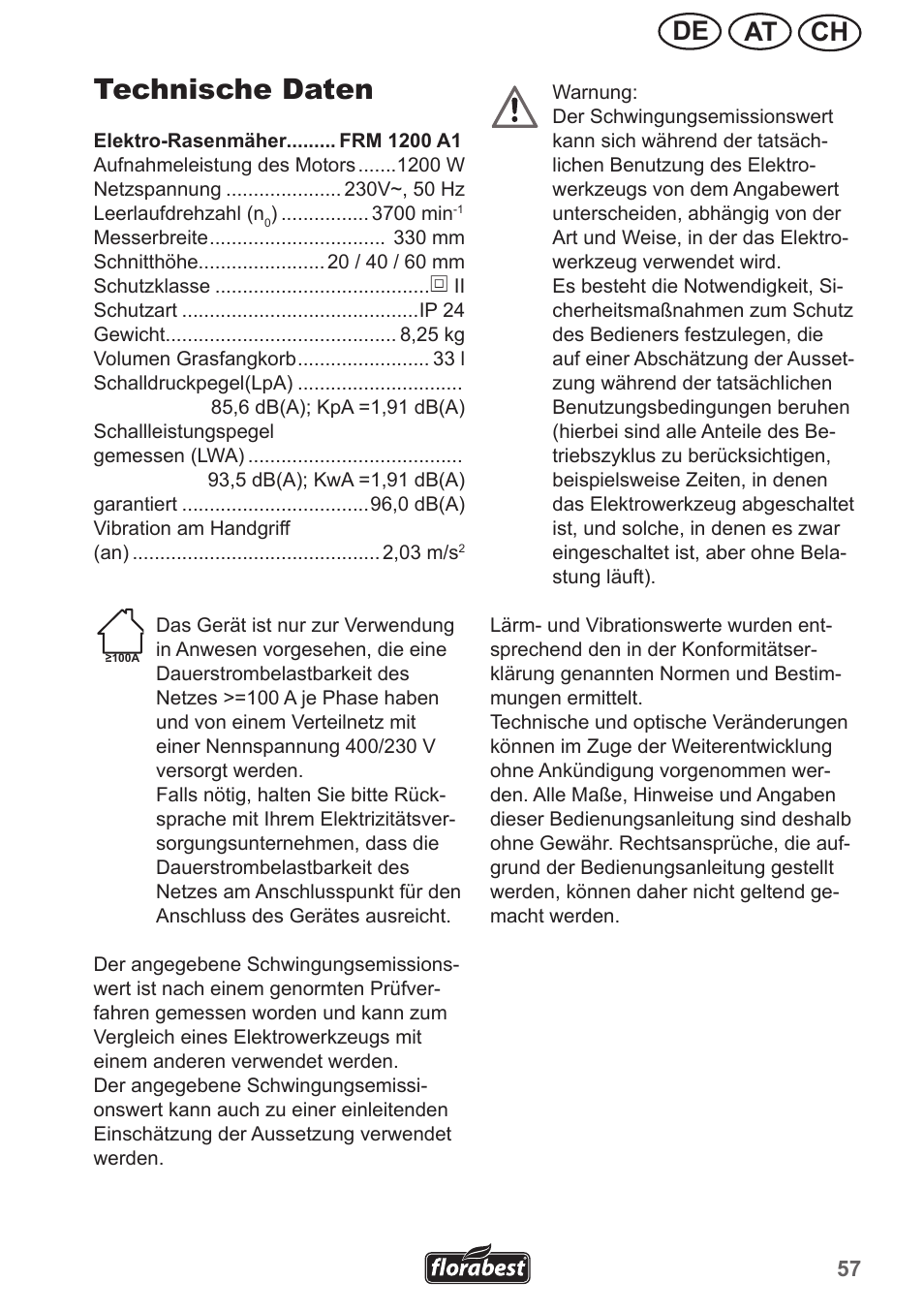 Technische daten, Ch at de | Florabest FRM 1200 A3 User Manual | Page 57 / 66