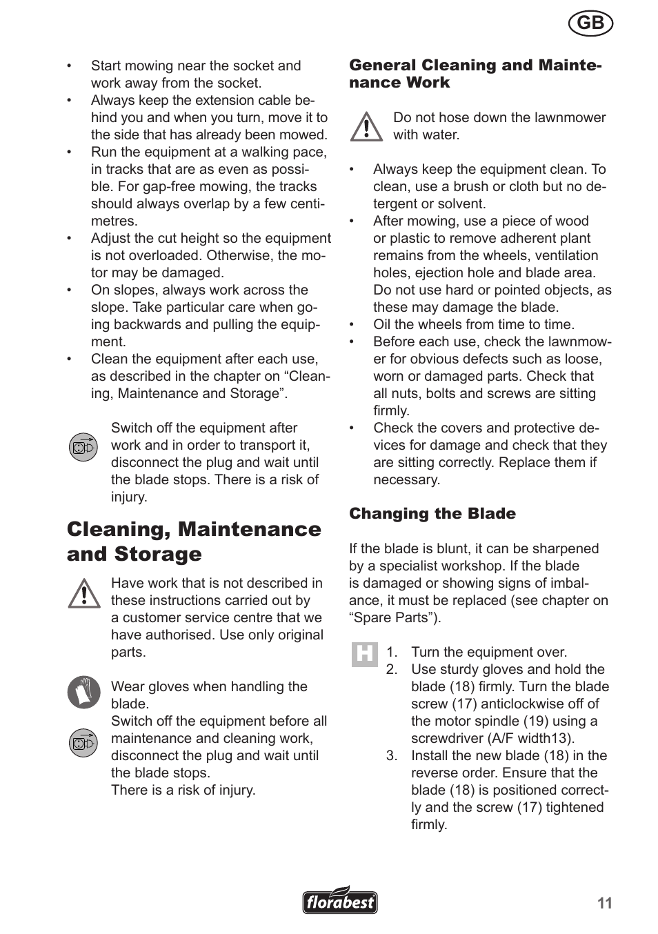 Cleaning, maintenance and storage | Florabest FRM 1200 A5 User Manual | Page 11 / 90